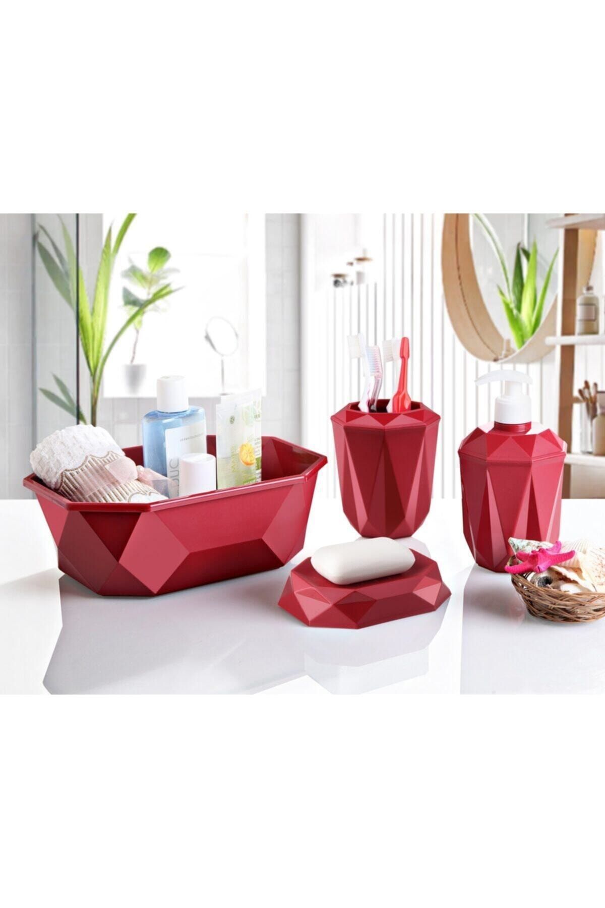 Genel Markalar 4 Parça Sepetli 4'lü Banyo Seti Plastik Kırmızı Plastik