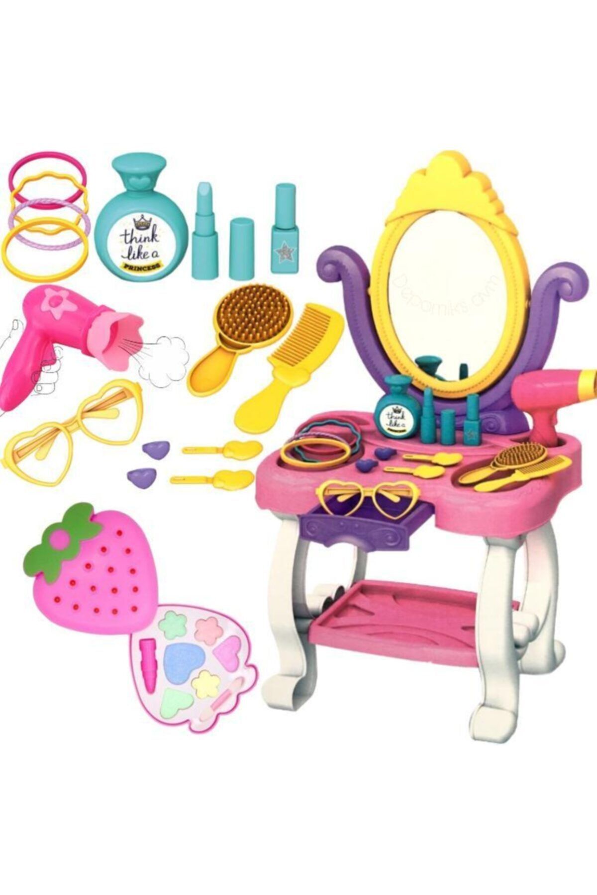 Depomiks Avm Oyuncak Aynalı Prenses Makyaj Masası Aksesuarlı + Sürülebilir Çilek Makyaj Seti Kız Çocuk Oyuncak