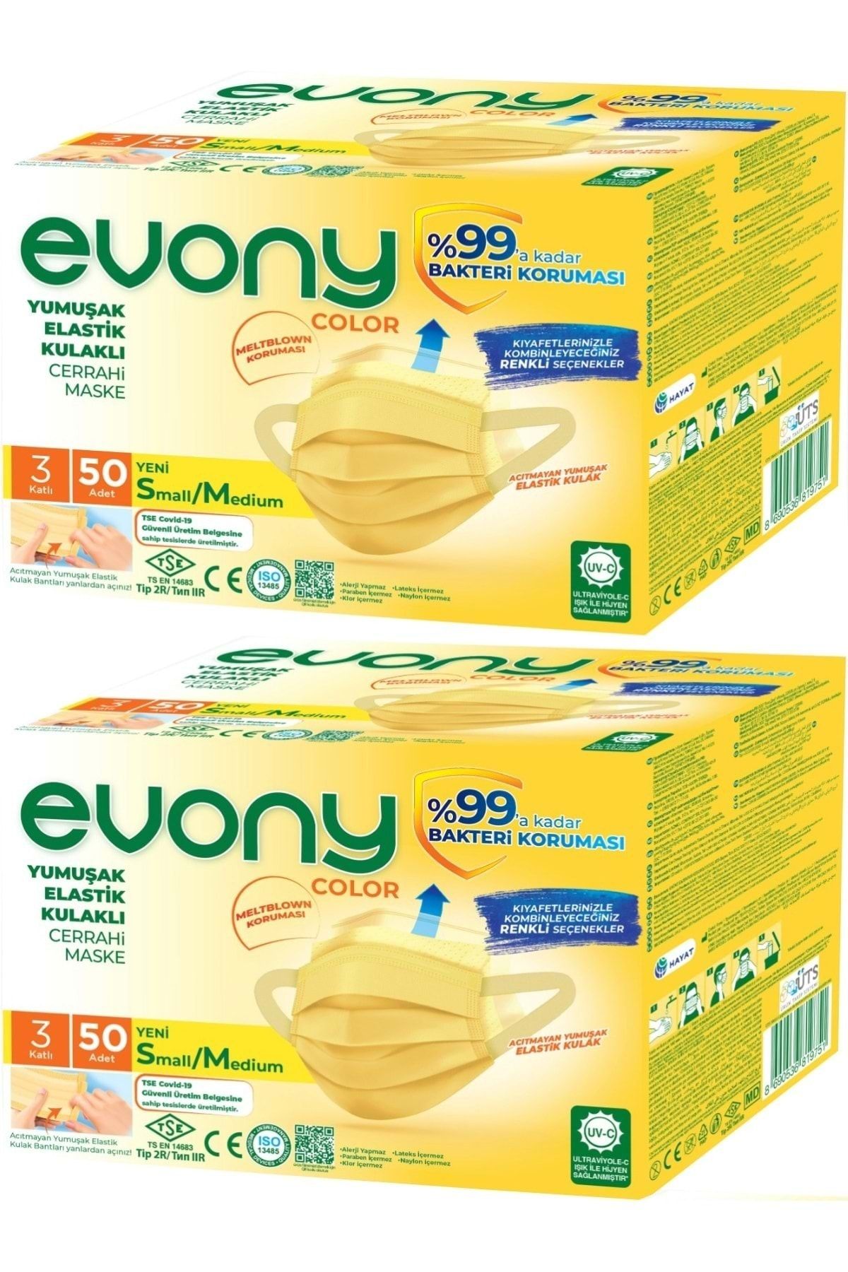 Evony 3 Katlı Filtreli Burun Telli Cerrahi Maske 100 Lü Set Small/medium Sarı 160*90mm (2PK*50)