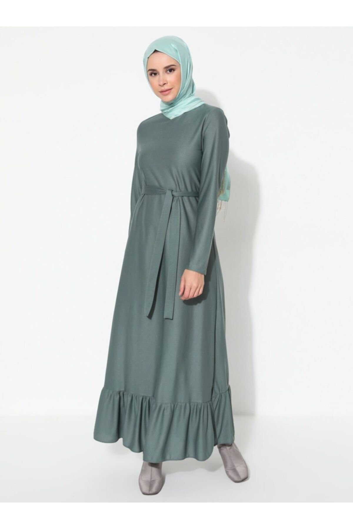 Ecesun Kadın Mint Yeşil Volanlı Elbise
