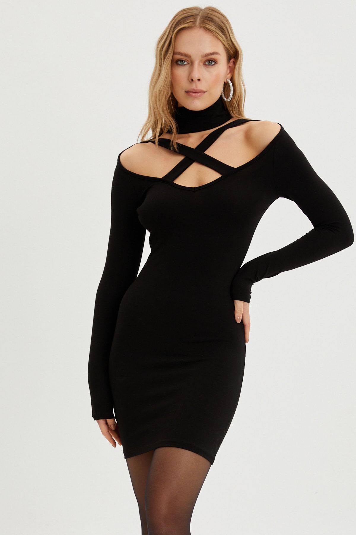 Cool & Sexy Kadın Siyah Önü Çapraz Mini Elbise B181-9