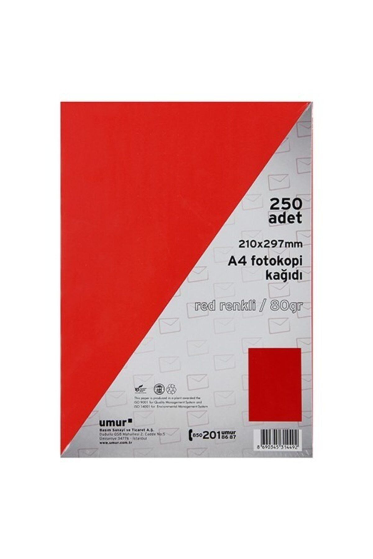 Umur A4 Renkli Fotokopi Kağıdı 80 Gr 250 Yaprak - Kırmızı