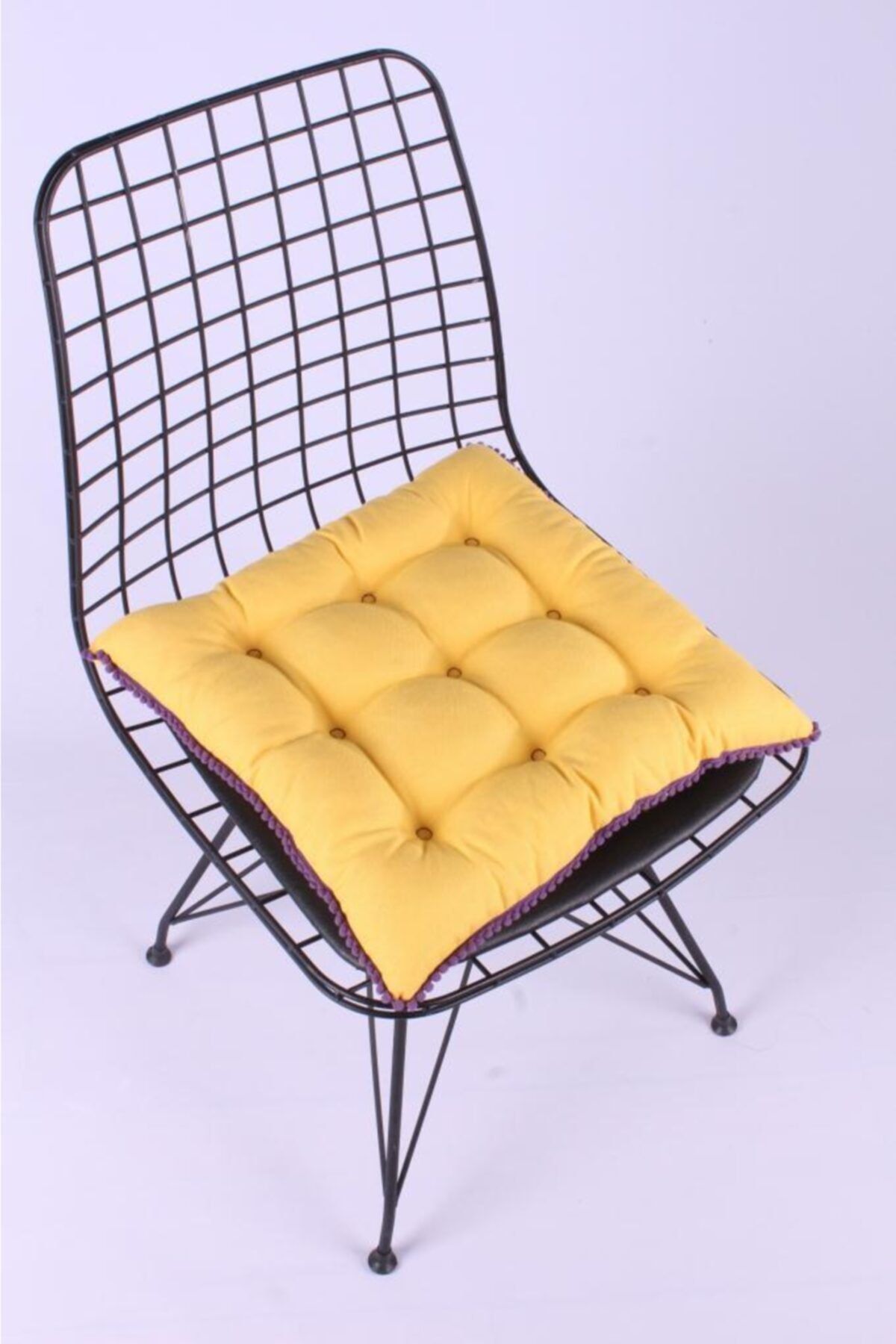 ALTINPAMUK Pera Pofidik Ponponlu Sarı Sandalye Minderi Özel 9 Dikişli Bağcıklı 42x42cm