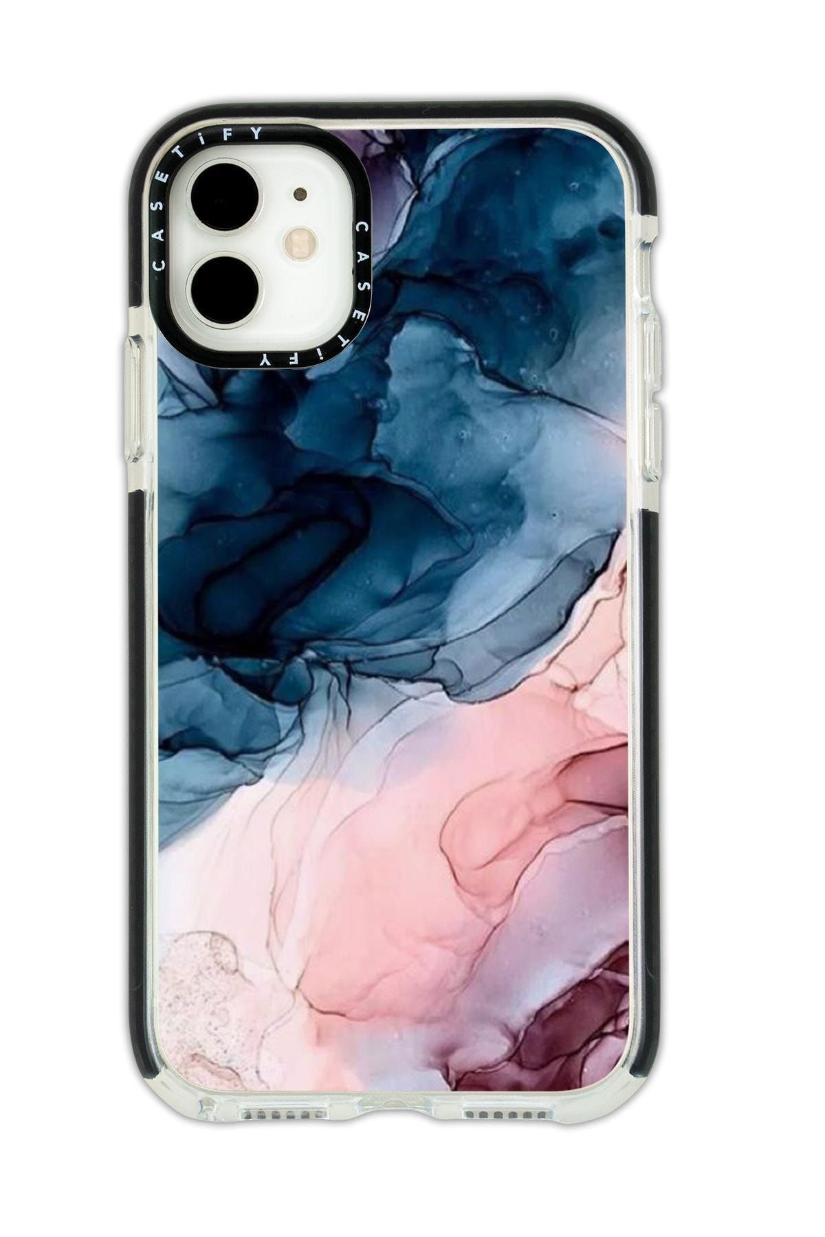 mooodcase Iphone 11 Casetify Renkli Mermer Desenli Anti Shock Premium Silikonlu Siyah Kenar Detaylı Telefon Kı