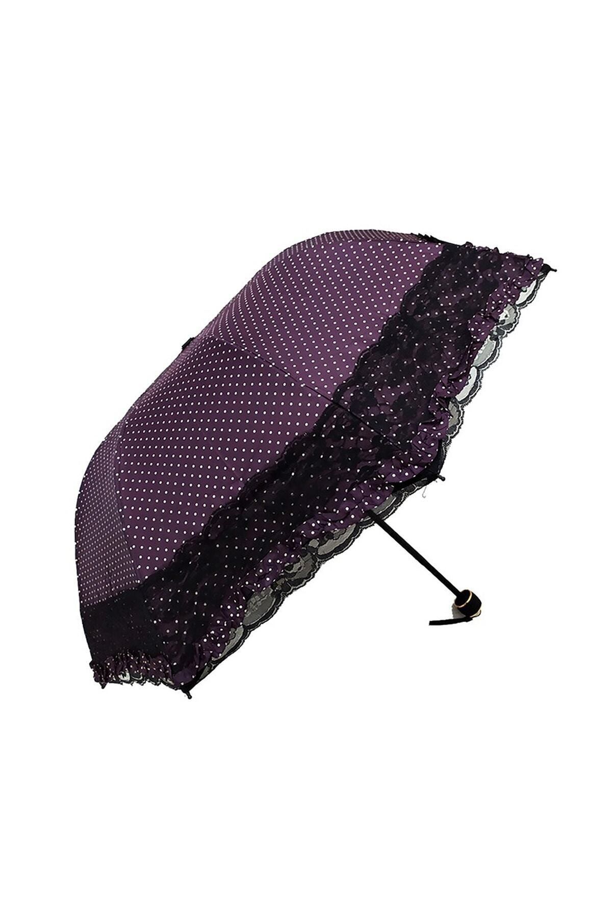 SincapDükkan Dantelli Şık Mor Kadın Şemsiyesi Özel Çantalı Dantel Detaylı 8 Telli Sağlam Manuel Açılır Şemsiye