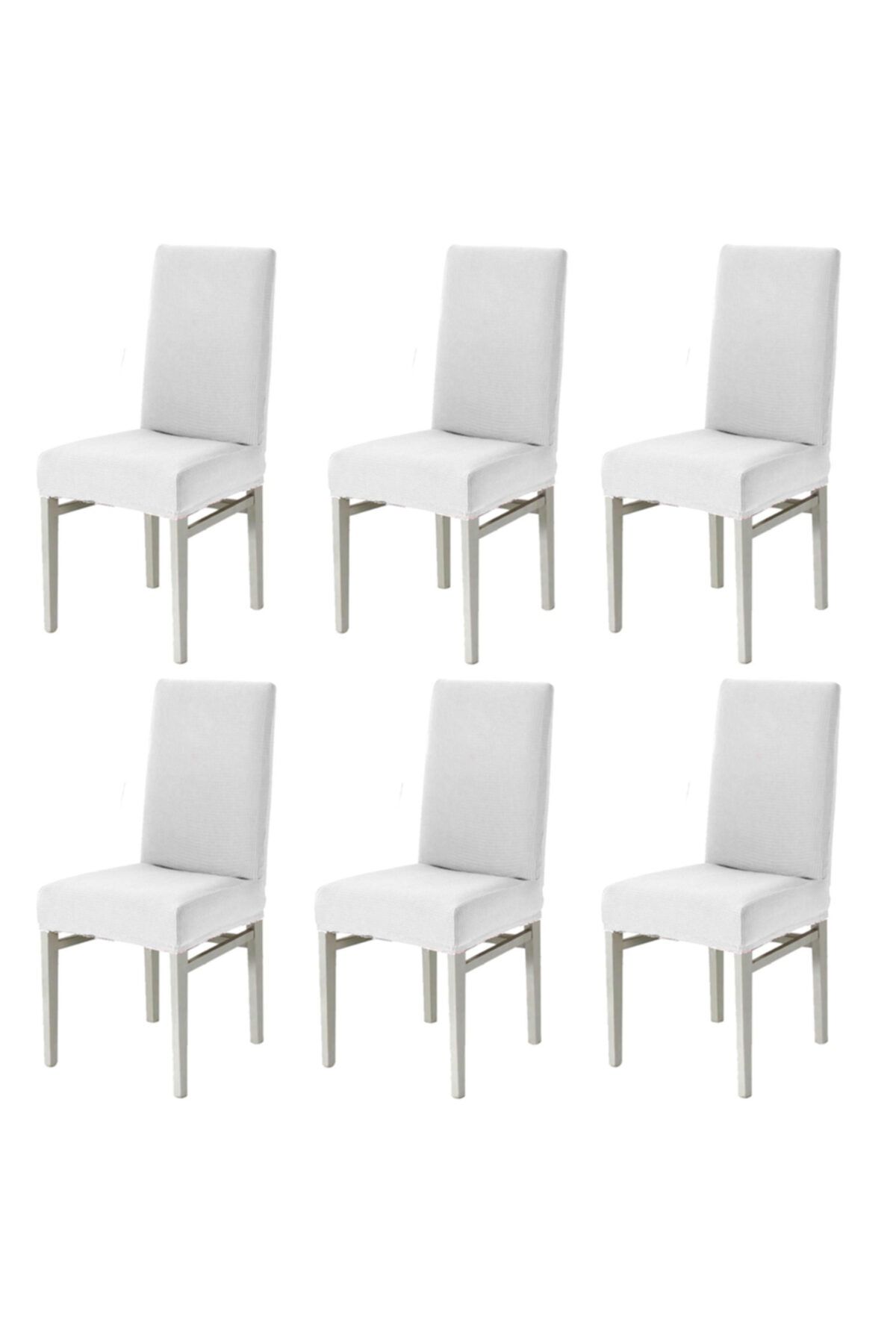 Faiend Beyaz Sandalye Kılıfı Yıkanabilir Likralı Esnek Lastikli Sandalye Örtü 6 Adet