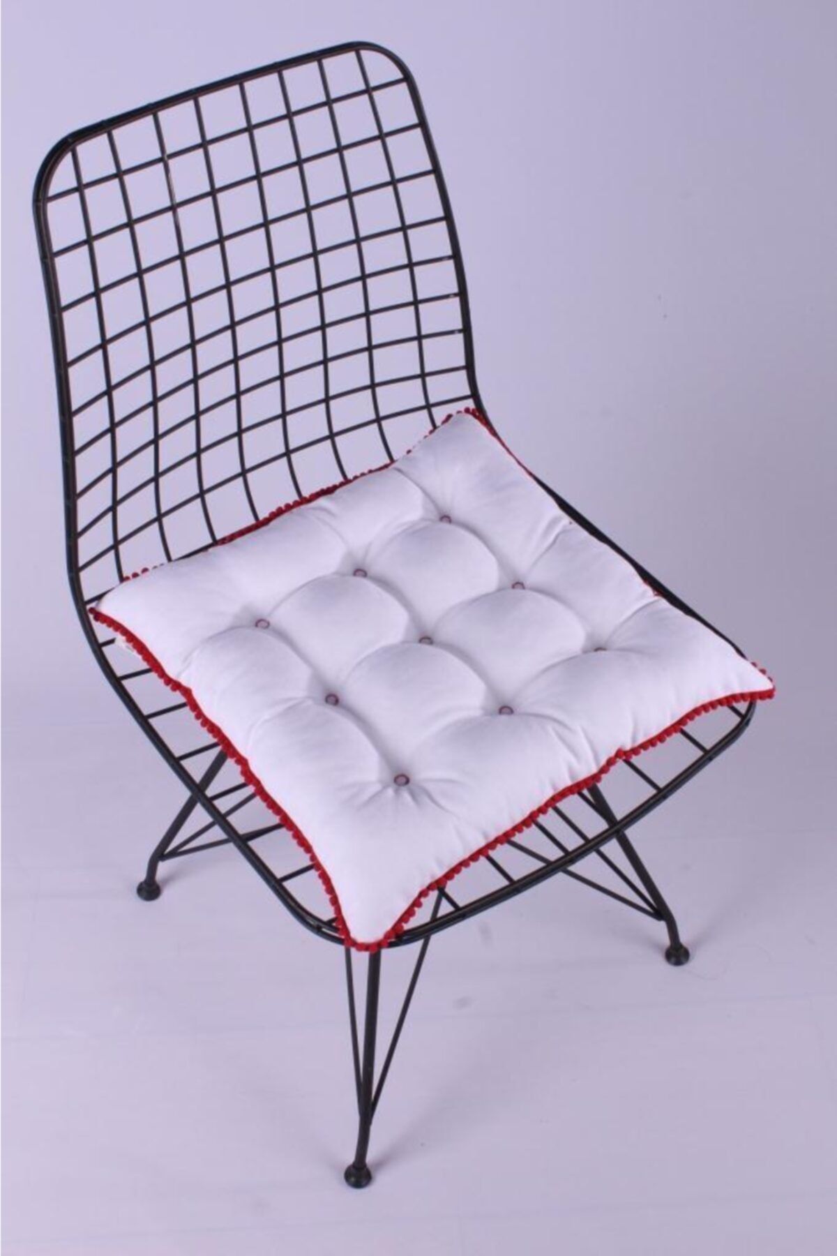 ALTINPAMUK Pera Pofidik Ponponlu Beyaz Sandalye Minderi Özel 9 Dikişli Bağcıklı 42x42cm