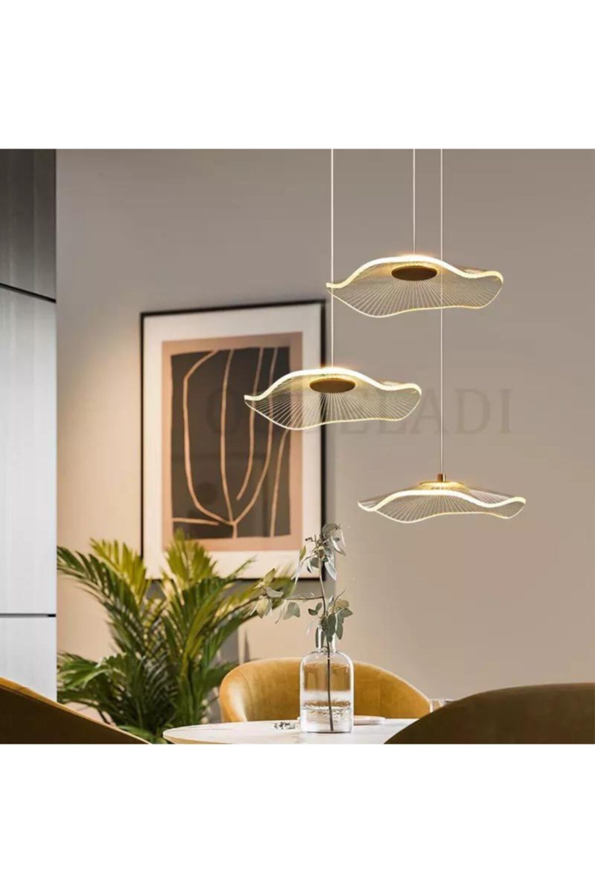 Luna Lighting Modern Tasarım Luxury 3'lü Sarkıt Avize Gold Ledli Avize