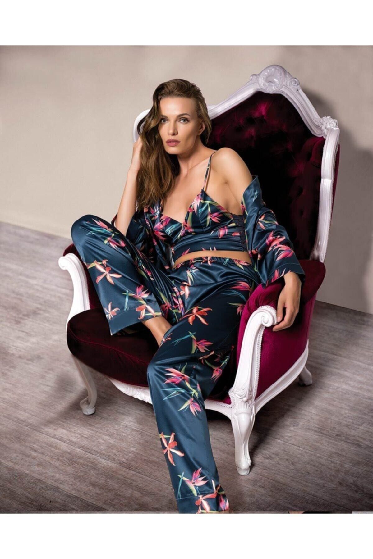 MOONGIRL Kadın Mavi Üçlü Saten Pijama Takımı