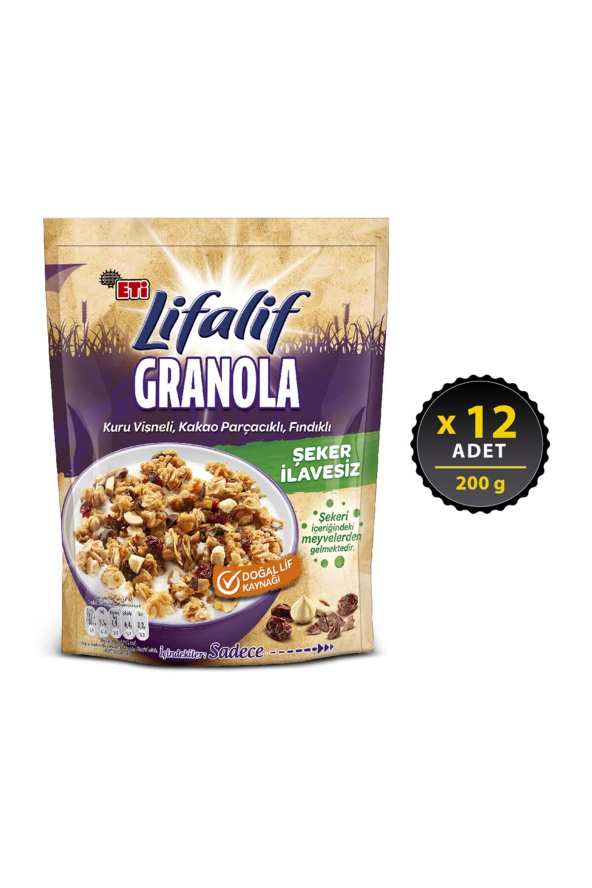 Eti Lifalif Granola Kuru Vişneli, Kakao Parçacıklı, Fındıklı 200 g x 12 Adet