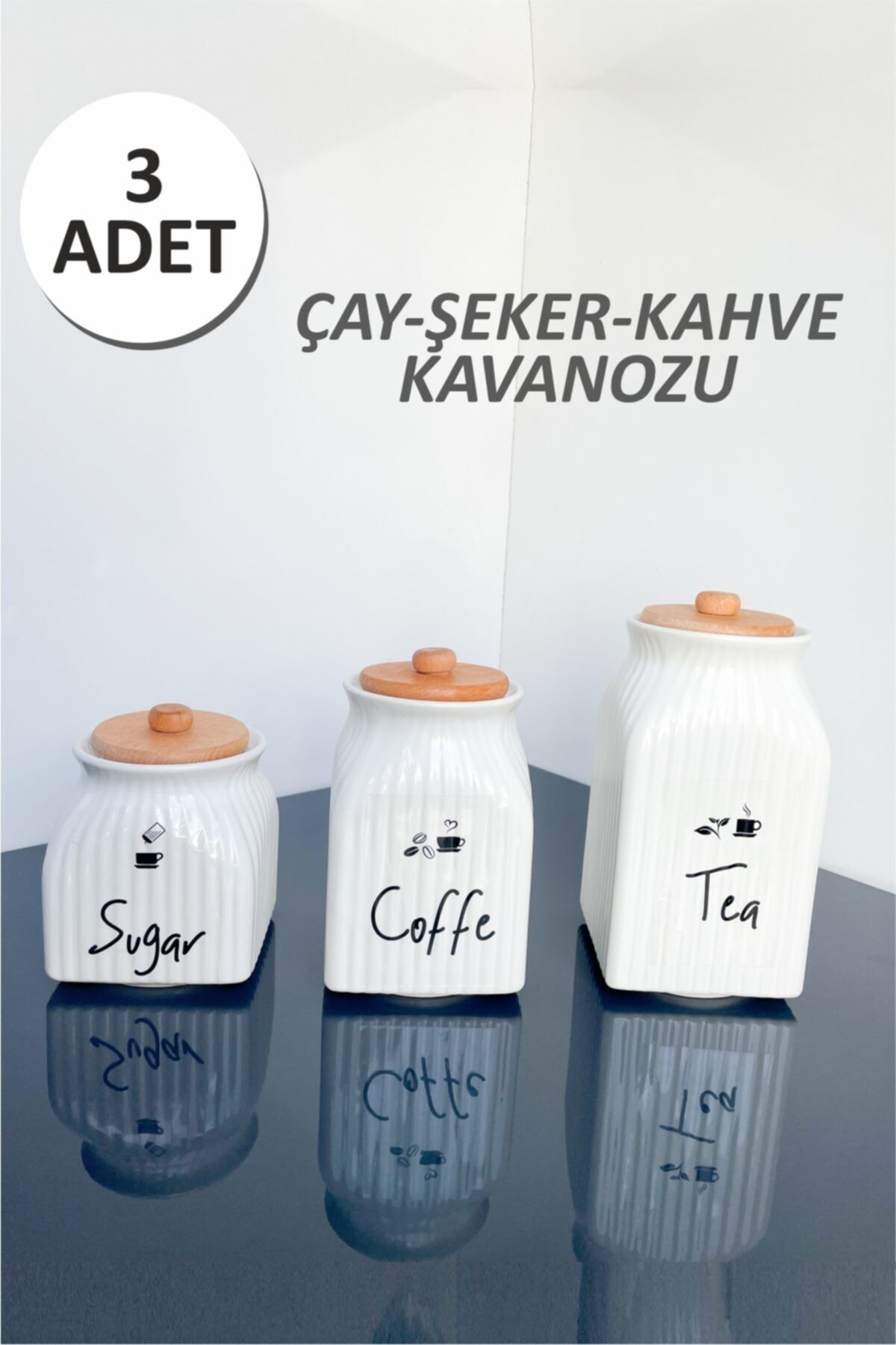 Sezka Life 3 Boy Porselen Bambu Kapaklı Çay Kahve Şeker Kavanozu Ve 3 Adet Suya Dayanıklı Şeffaf Etiket