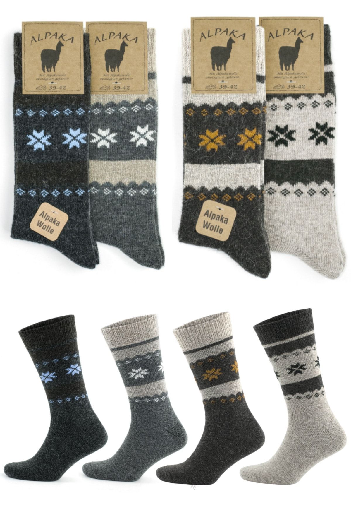 socksbox Kışlık Alpaka Doğal Yün Kar Desenli Termal Çorap