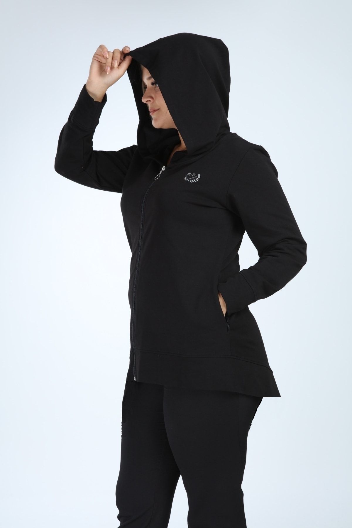 Genel Markalar Safiystore Kadın Büyük Beden Önü Fermuarlı Kapsonlu Cep Fermuarlı Ceket Siyah P5109