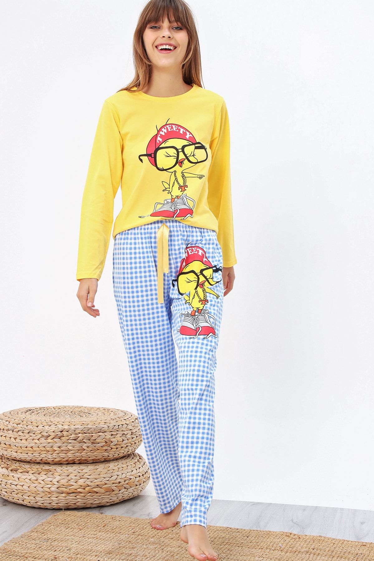Ecrou Kadın Sarı Baskılı Uzun Kol Pijama Takımı