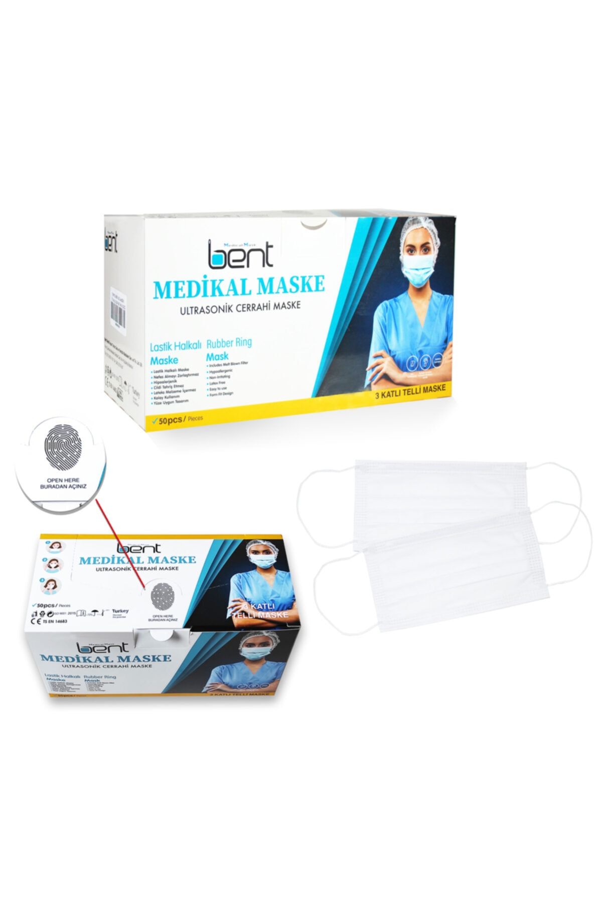 Bent Medical Mask 3 Katlı Spounbond Filtreli Burun Telli Cerrahi Mavi Maske 100'lü Set Yumuşak Lastik Halkalı Maske