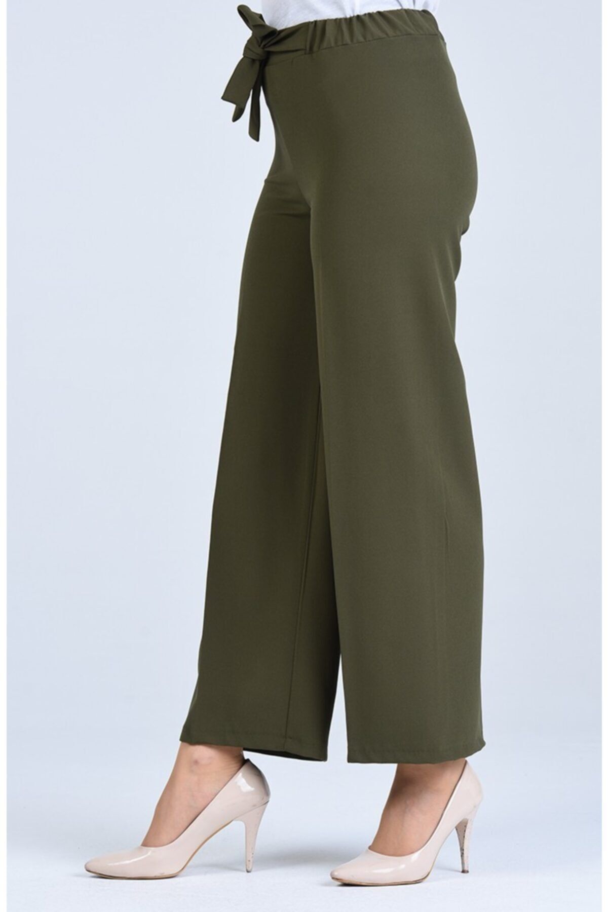 Moda Bu Kadın Haki Yeşil Bel Lastikli Bağlamalı Bol Paça Pantolon