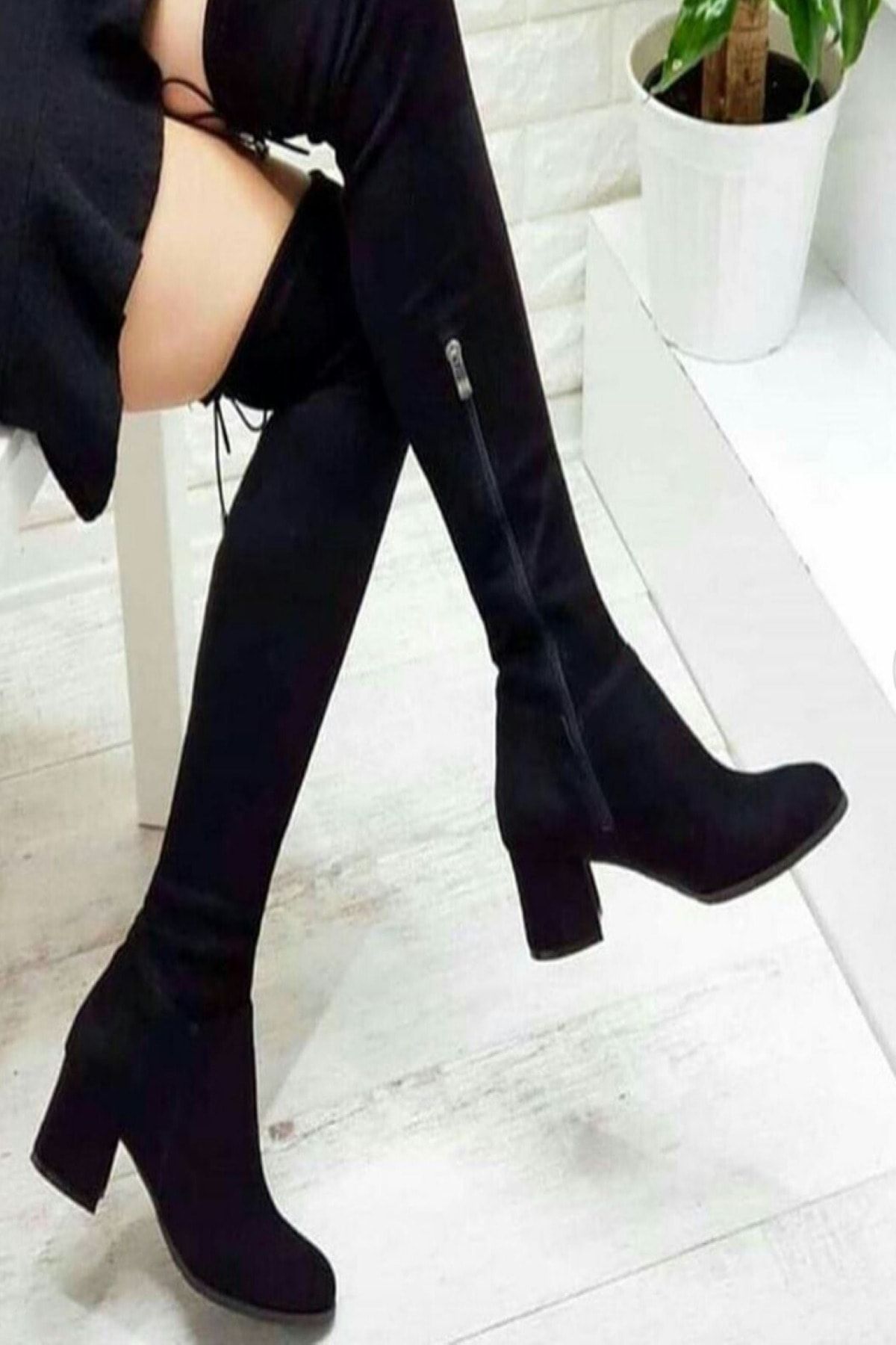 TrendyAnka Kadın Siyah Çorap Çizme 5.5 Cm Topuklu Diz Üstü Süet Fermuarlı Streç Çizme