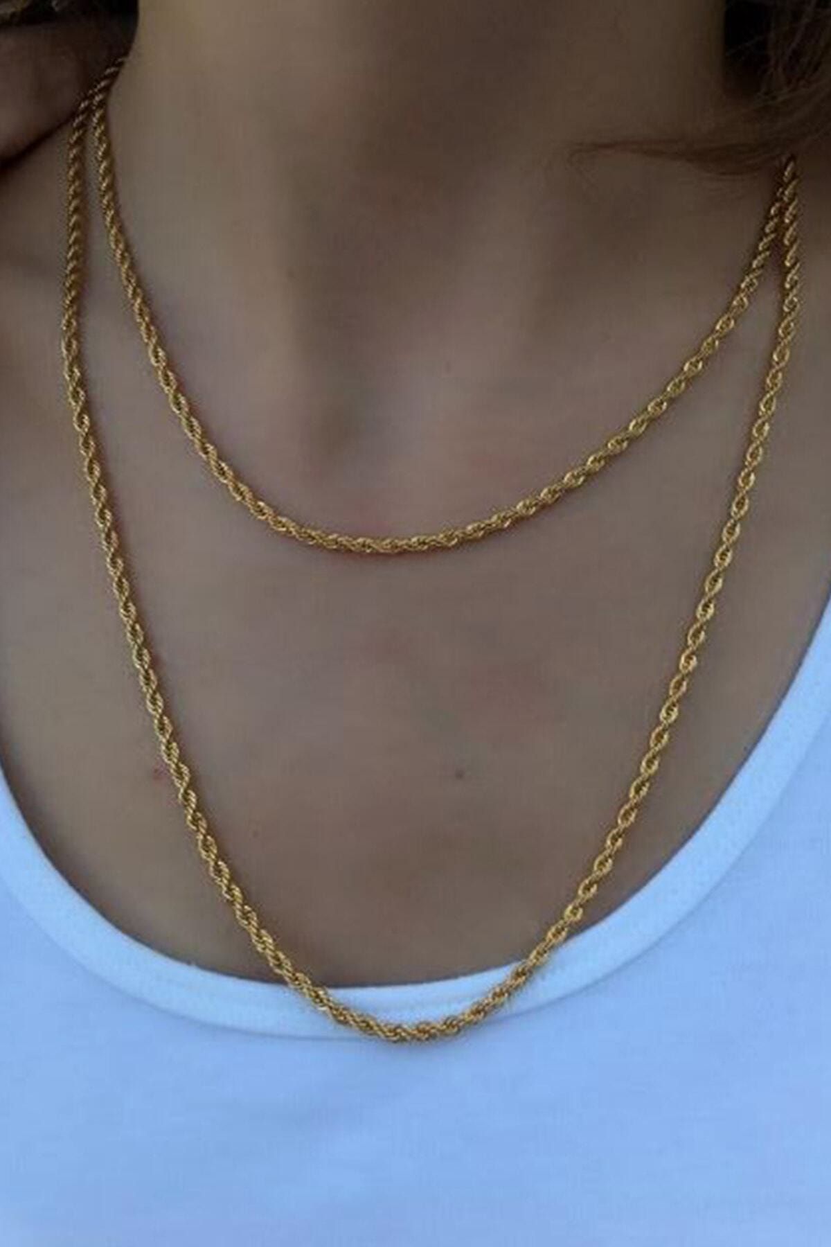 Serpil Jewellery Kadın Altın Sarısı Çelik 45 cm ve 60 cm  uzunluğunda Burgu Zincir