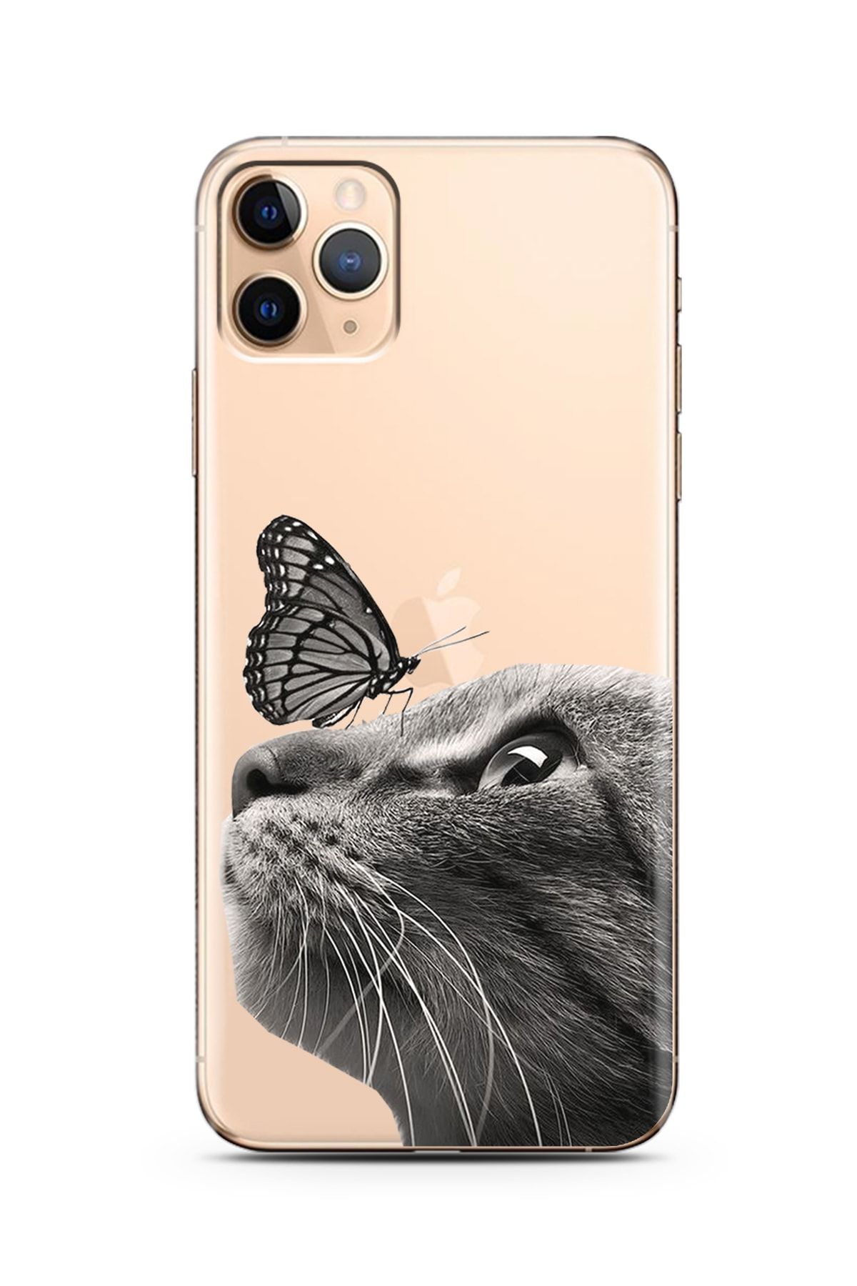 Spoyi Iphone 11 Pro Max Kedi Kelebek Tasarımlı Süper Şeffaf Silikon Telefon Kılıfı