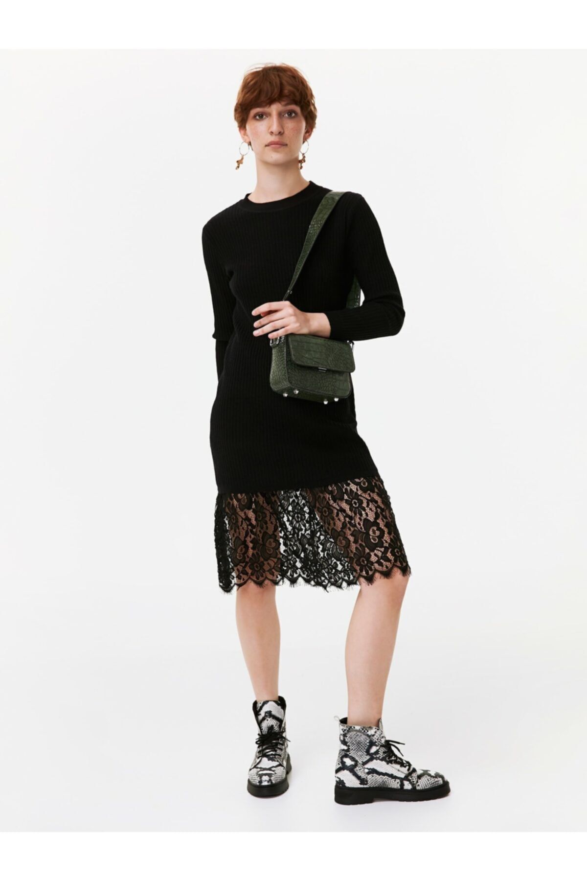 Twist Kadın Siyah Eteği Dantel Mixli Örme Elbise