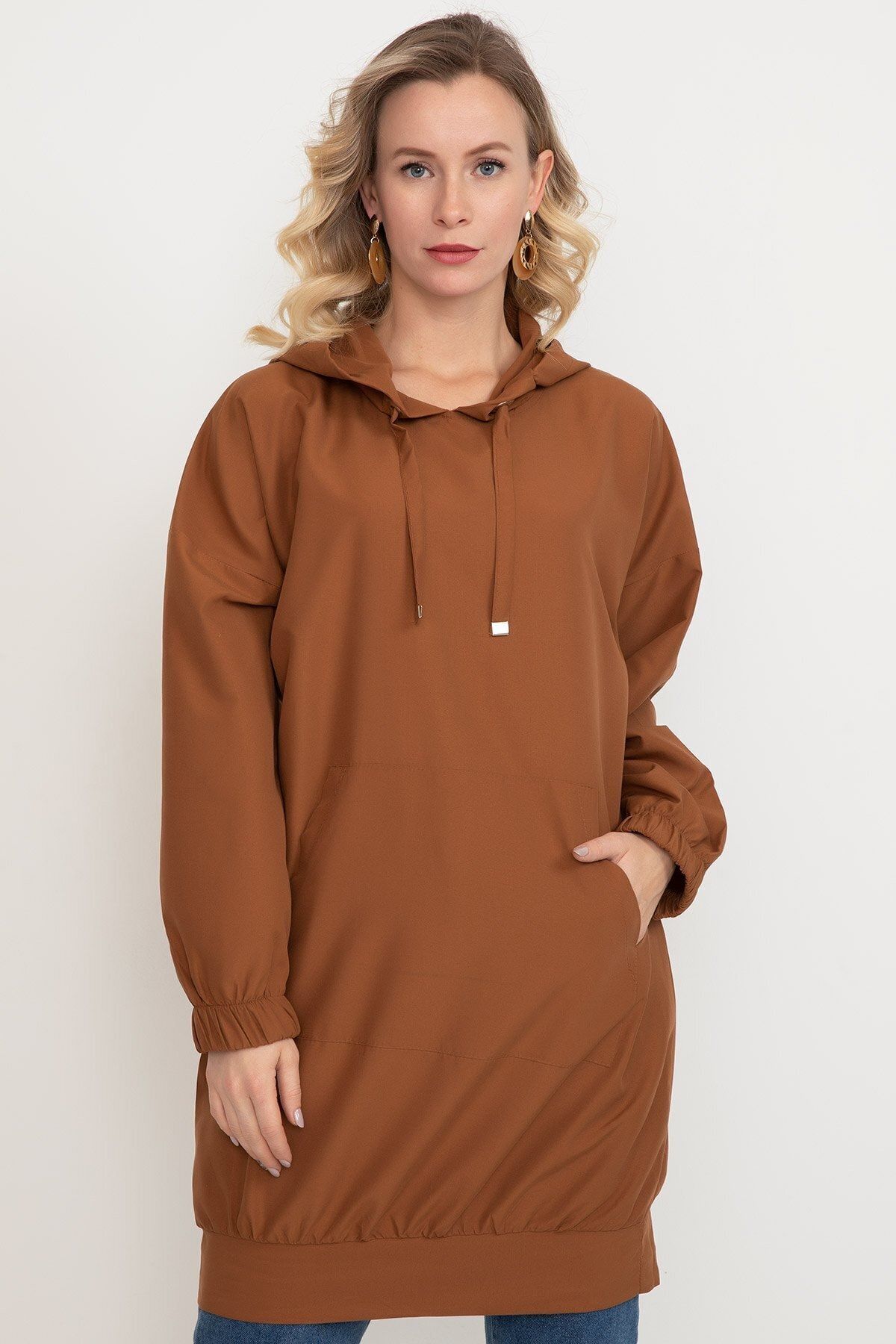 D-Paris Kadın Kahverengi Kapüşonlu Kanguru Cep Tunik