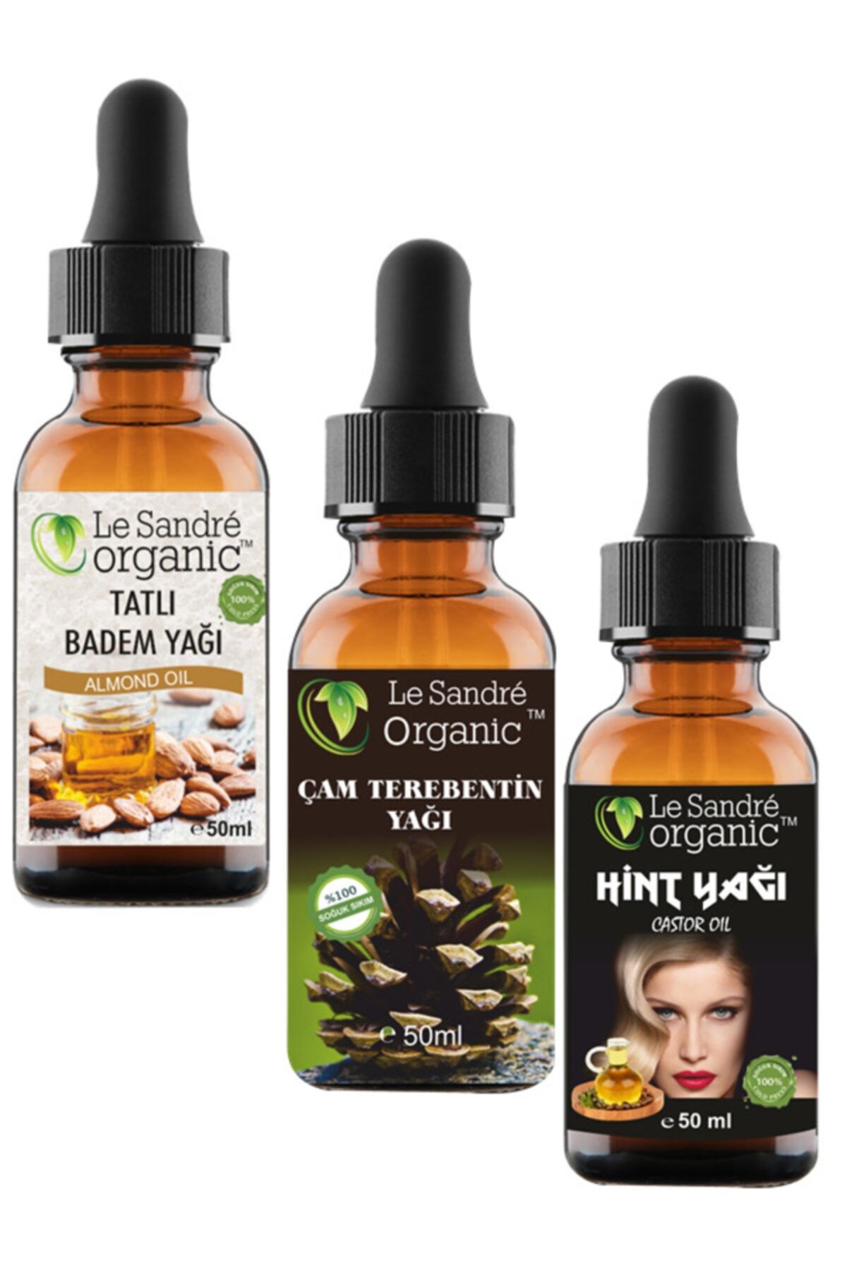 Le'Sandre Organics Badem Yağı & Çam Terebentin Yağı & Hint Yağı Saç Bakımı 50 ml 3 Lü Set
