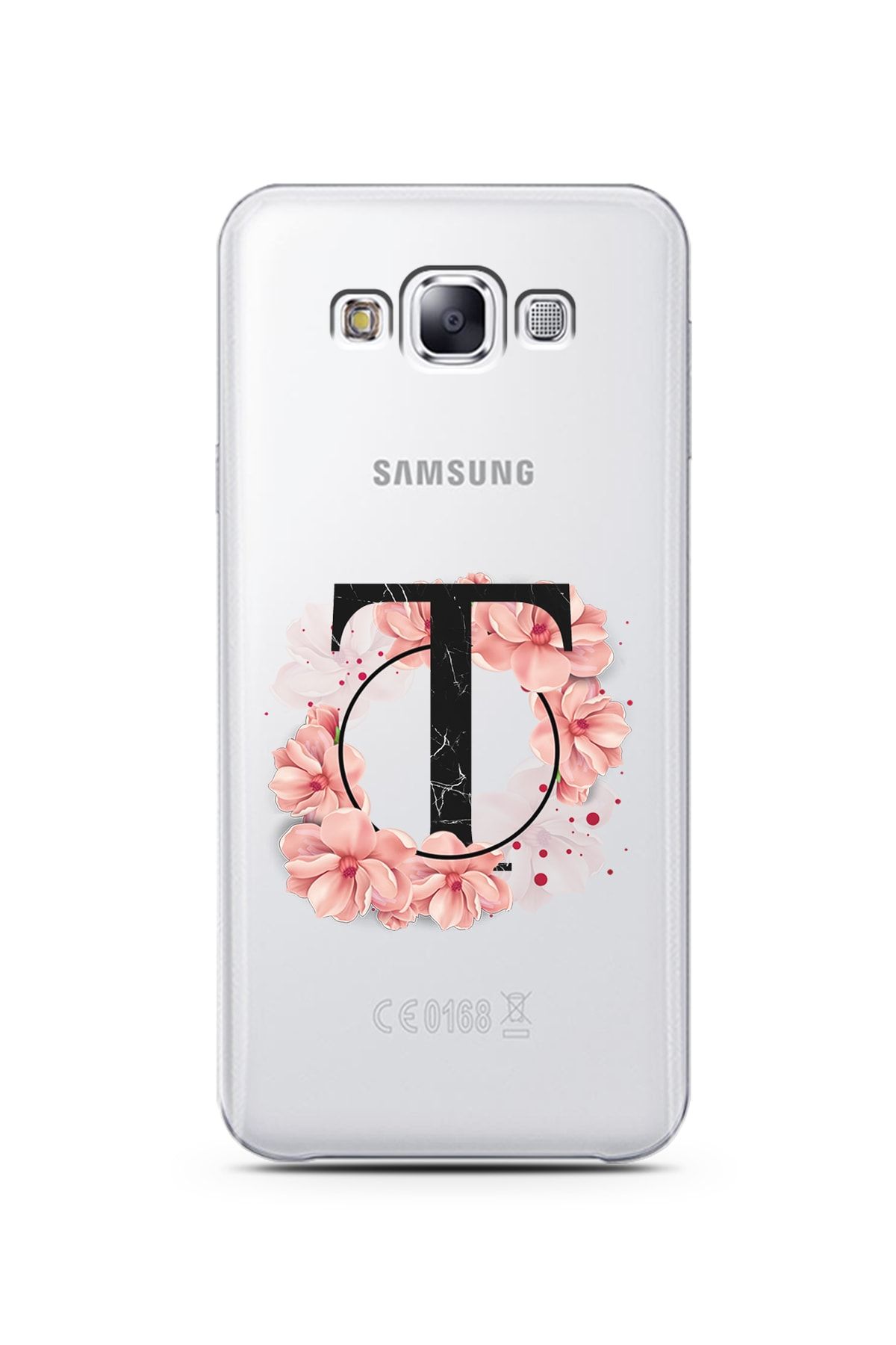 Spoyi Samsung E7 T Harfi Pembe Çiçekli Harf Tasarım Şeffaf Silikon Telefon Kılıfı