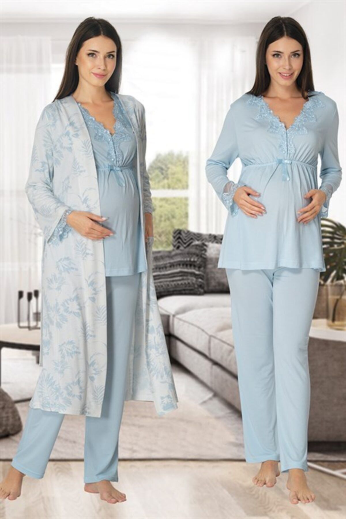 Lohussa Effort Mavi Dantel Detaylı Uzun Kollu Sabahlıklı Hamile Lohusa Pijama Takımı