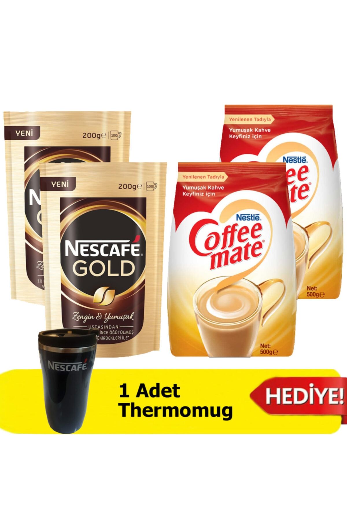 Nescafe Gold 200 Gr 2 Adet + Coffee Mate Kahve Kreması 500 Gr 2 Adet + Thermomug Hediye