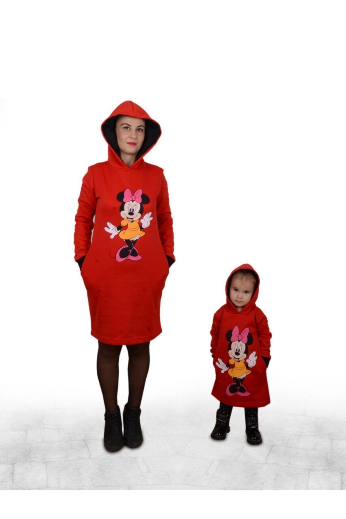 DSBEBEK Anne Kız Kırmızı Minnie Mouse Elbise Tunik Kombin