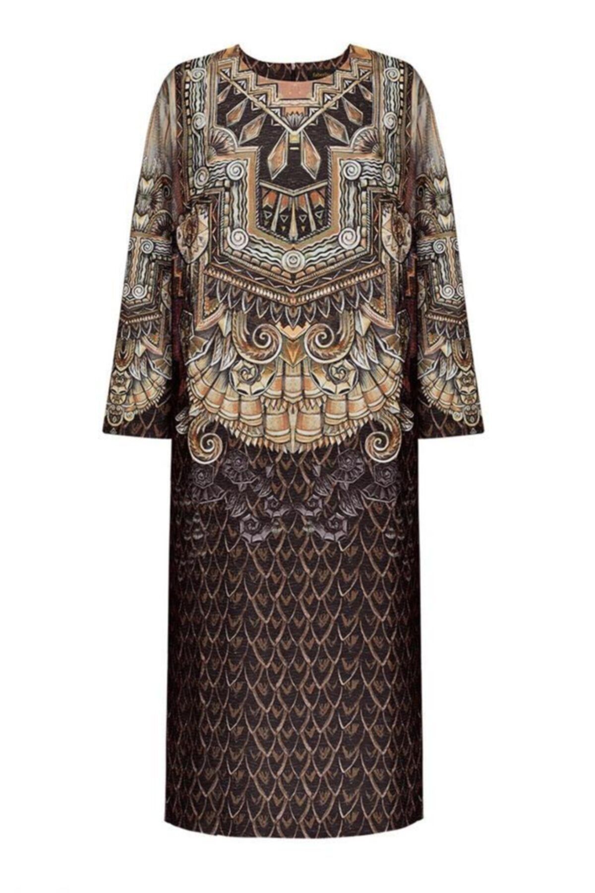 Faberlic Kadın Kahverengi Yarım Kollu Desenli Elbise