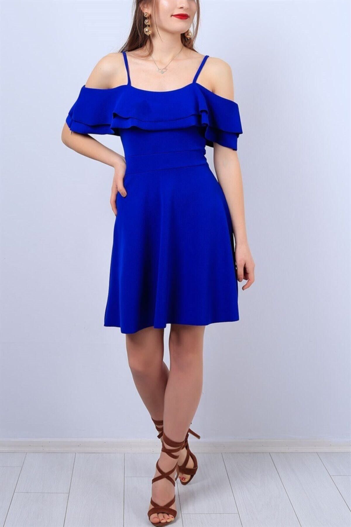 lovebox Esnek Krep Kumaş Yakası Iki Kat Volanlı Askı Detaylı Mavi Abiye Elbise Mavi Mezuniyet Elbisesi