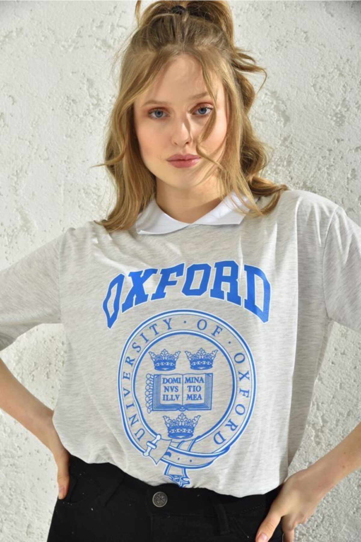 VOLT CLOTHİNG Kadın Gri Oxford Baskılı Oversize T-shirt