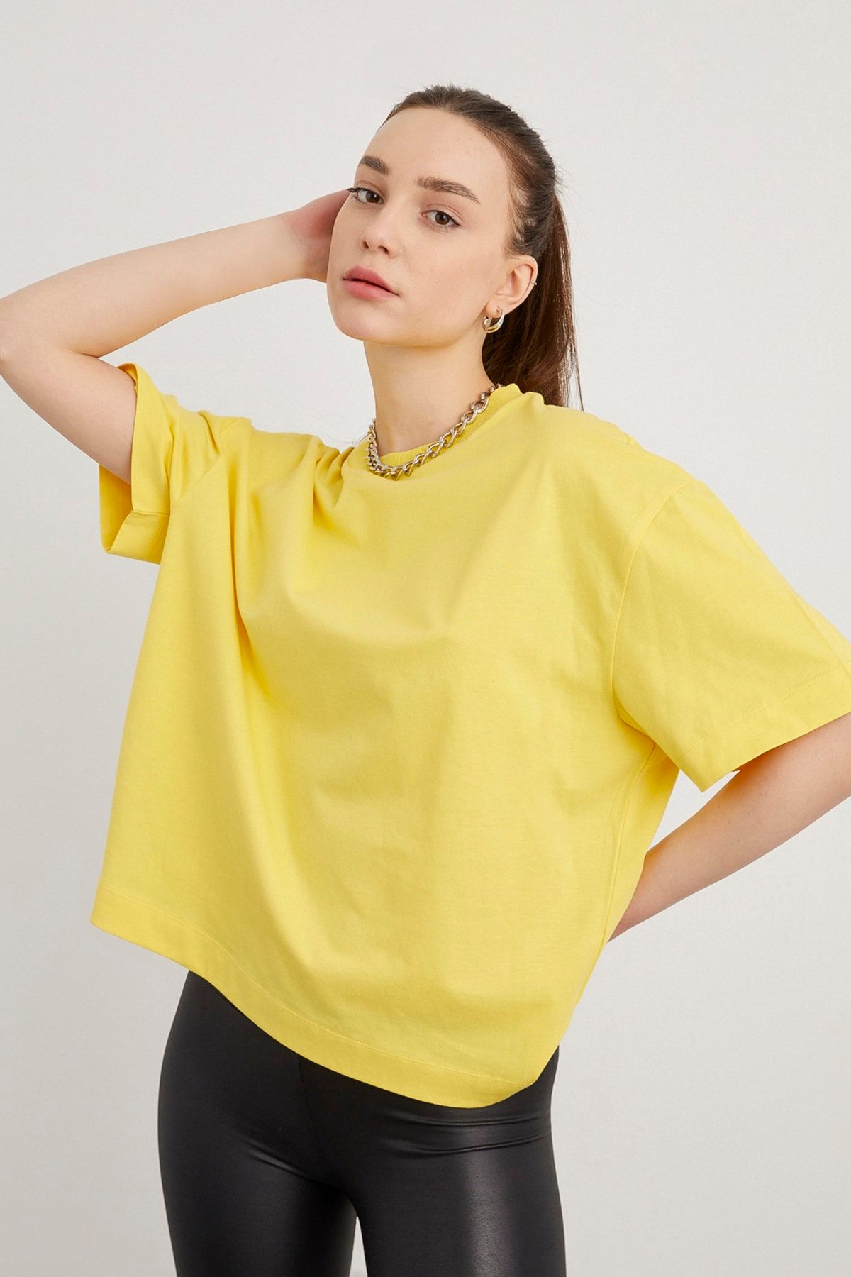 Sunset Club Kadın Sarı Basıc Oversıze T-Shirt