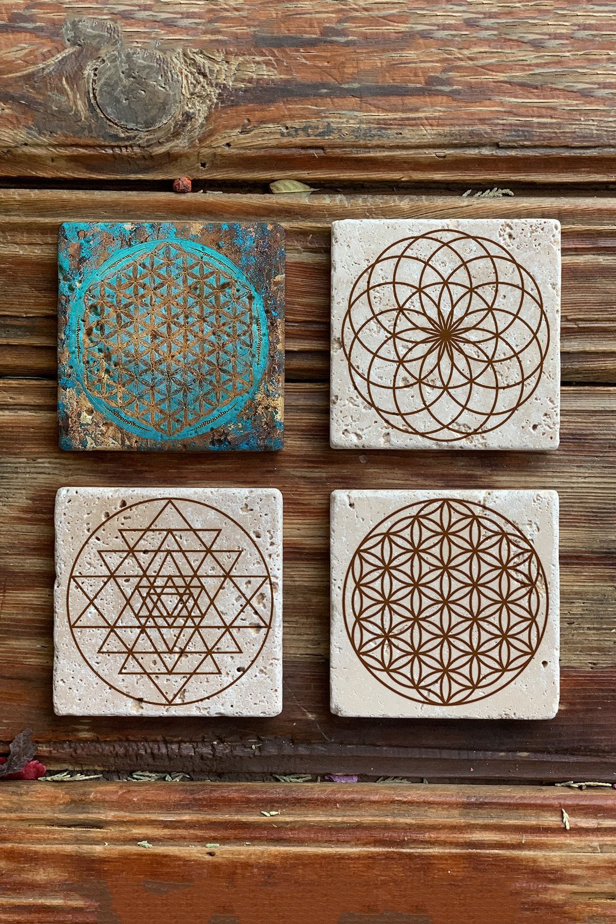 Oscar Stone Decor Taş Bardak Altlığı Stone Coasters  4lü Set Lotus Sri Yantra Yaşam Çiçeği