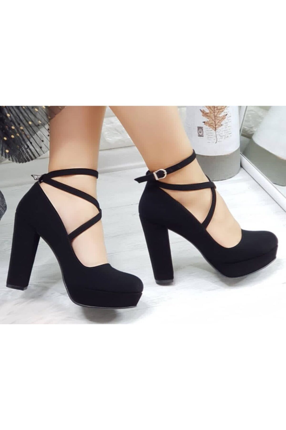 Göymen Kundura Kadın Abiye Platform Siyah Süet Bilekten Çapraz Bağlı Ayakkabı