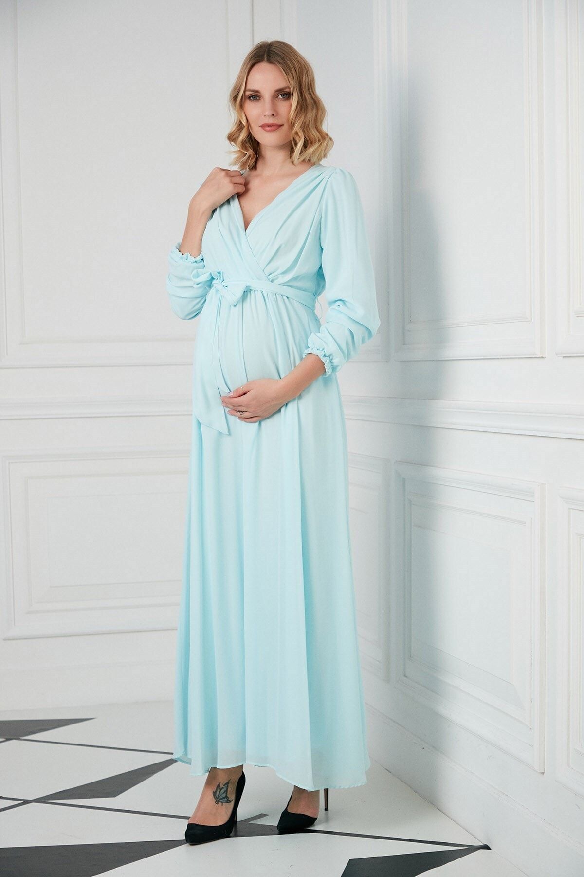 Görsin Hamile Kuşak Detaylı Hamile Bebe Mavi Elbise
