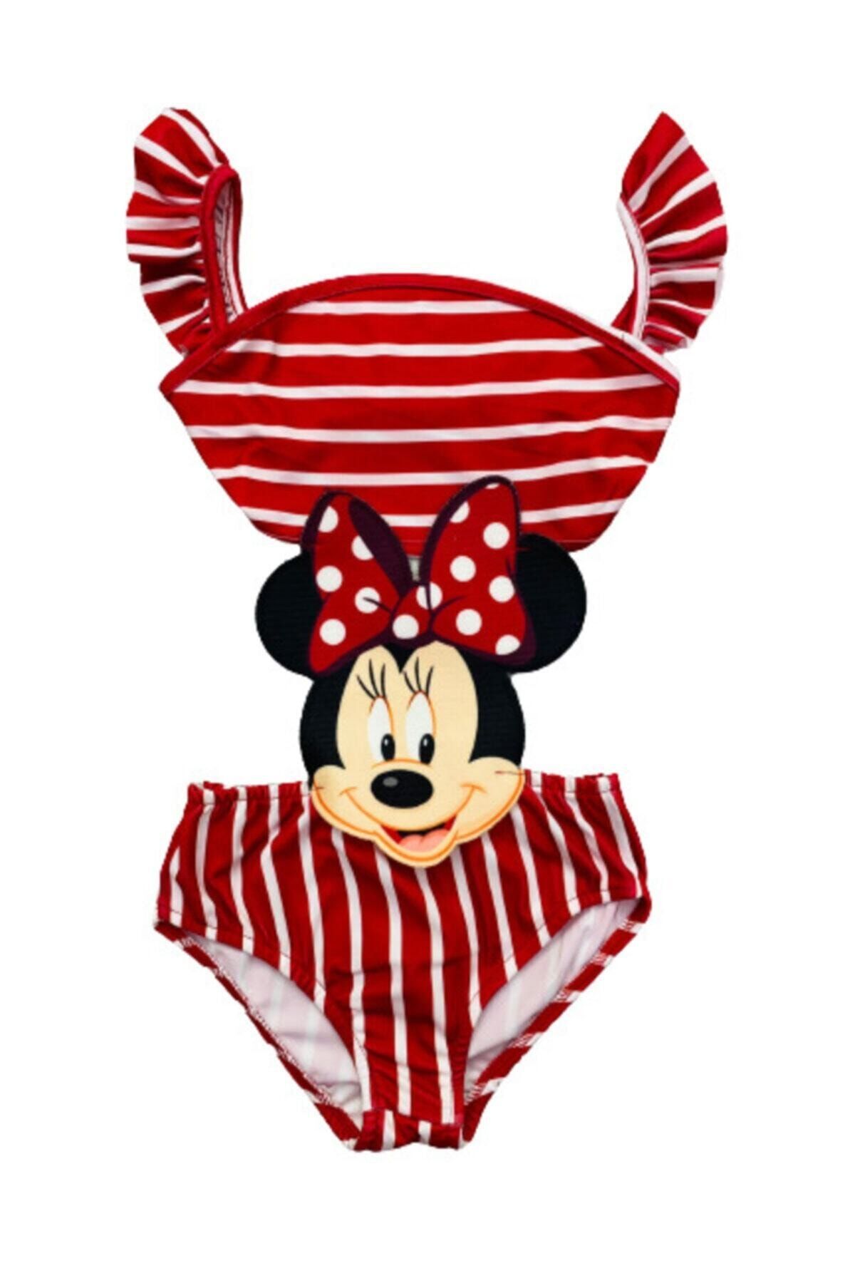 Lolliboomkids Kız Çocuk Mayokini Mickey Minnie Temalı Kırmızı Renk Kol Fırfırlı - Son Sezon Kostüm Mayo 2022