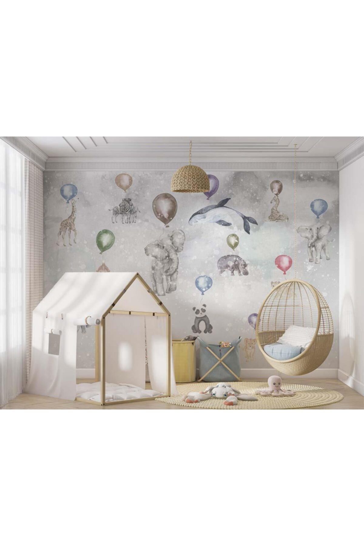Özen Duvar Kağıtları Balonlar Ve Sevimli Hayvanlar Çocuk Odası Duvar Kağıdı