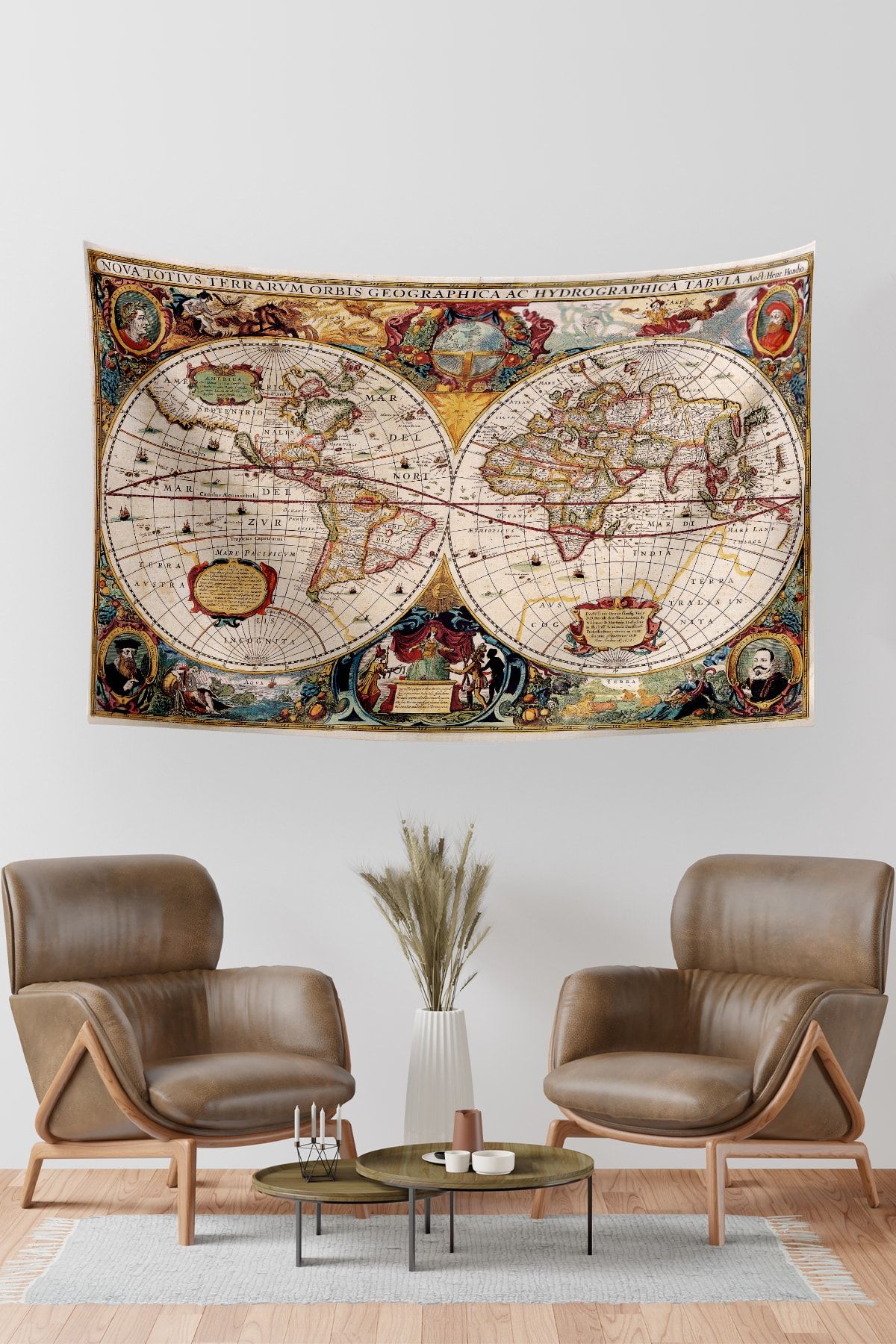 Vagonik Antik Dünya Hondius 1630 Yeni Dünya Haritası Duvar Örtüsü Halısı 140 X 100 Cm-70x100 Cm