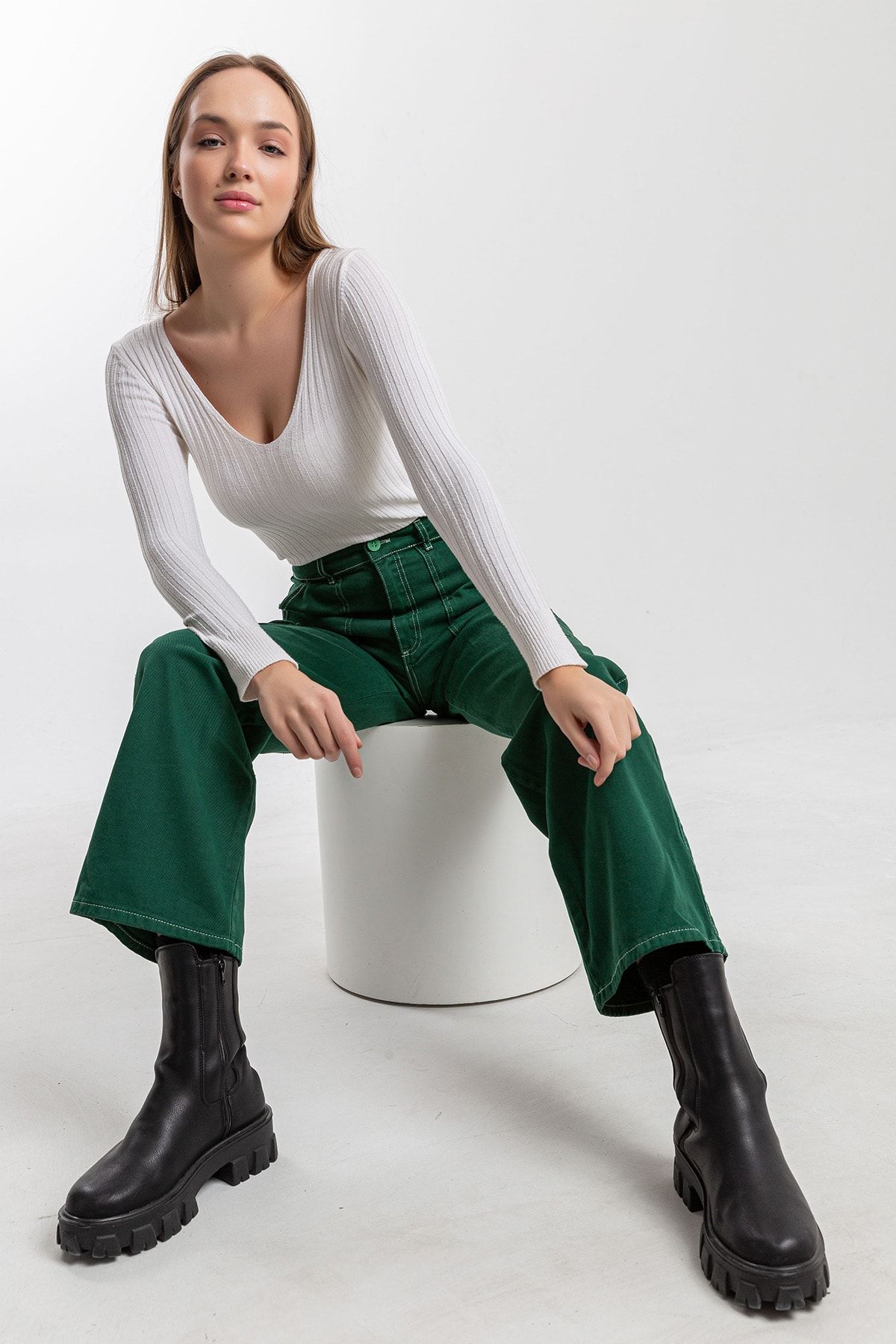 Darkly Jeans Kadın Yeşil Süper Yüksek Bel Kontast Straight Fit Jean Pantolon