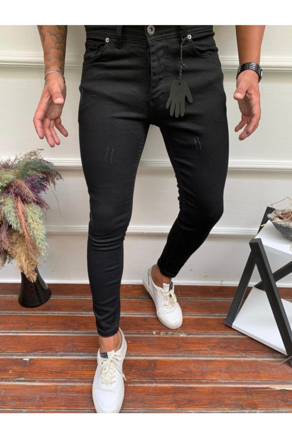çerme Erkek Siyah Tırnaklı Italyan Kesim Kot Pantolon