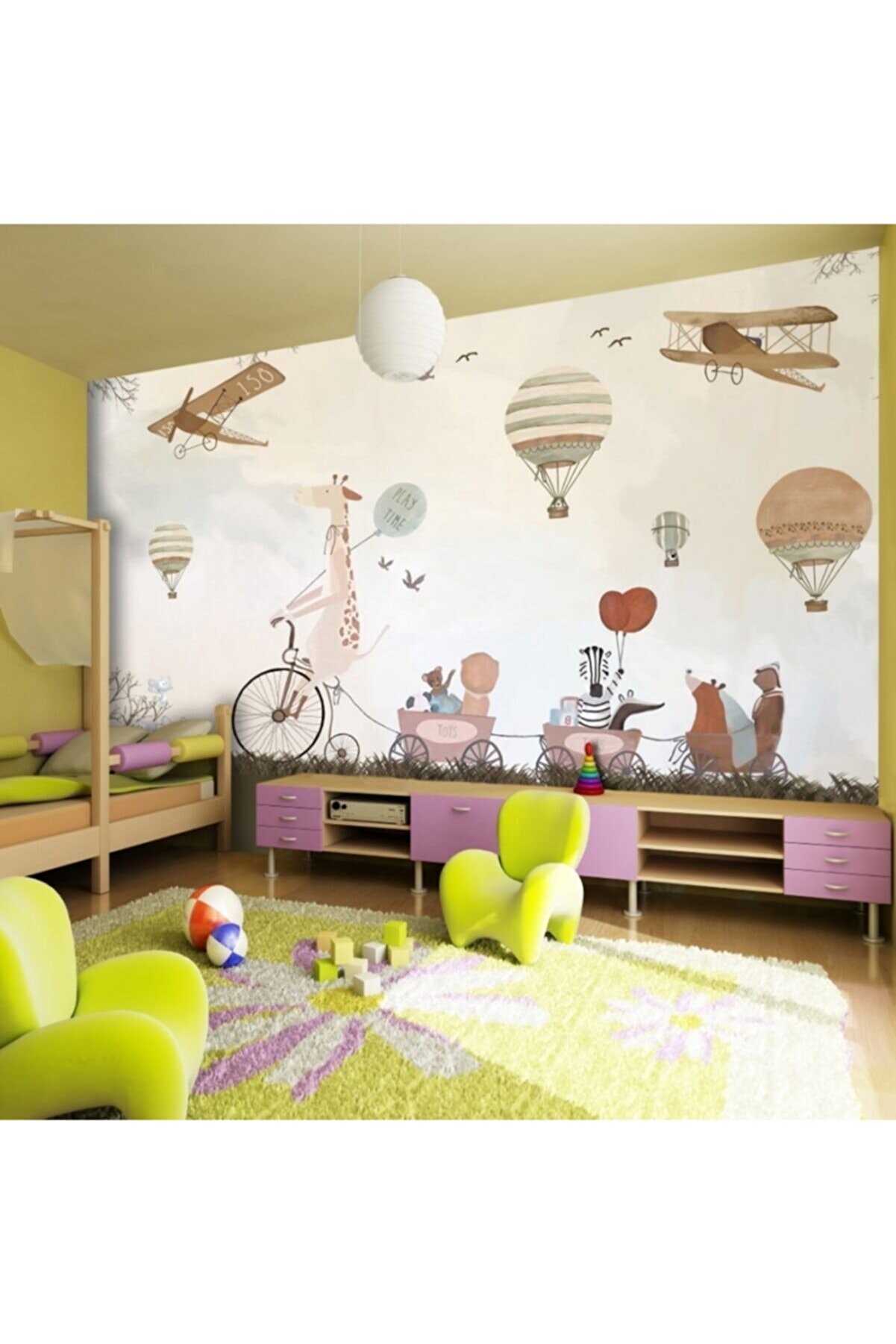 PolatDuvarKağıdı Balon Uçak ve Hayvalı Bebek Odası Duvar Kağıdı Posteri