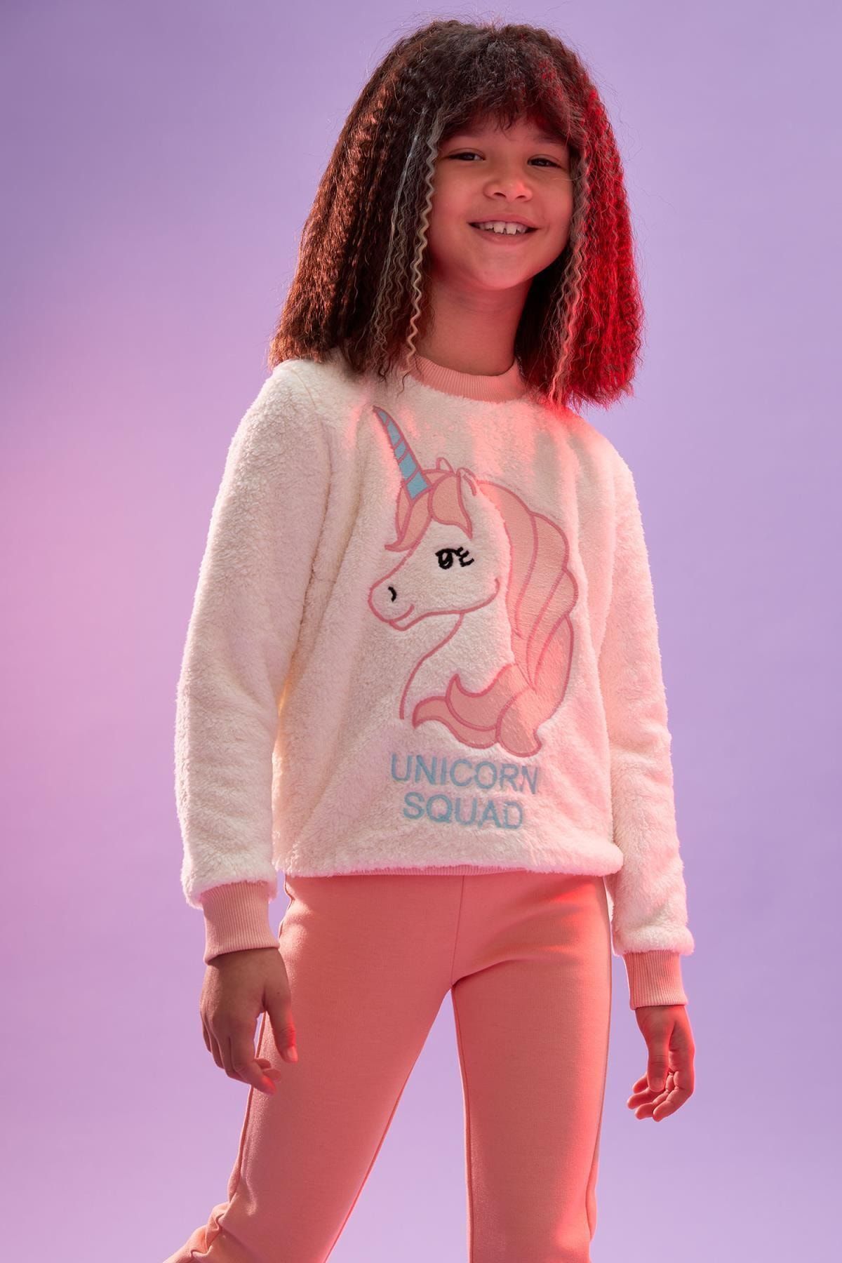 Defacto Kız Çocuk Unicorn Nakışlı Pelüş Isı Yalıtımlı Warmtech Sweatshirt