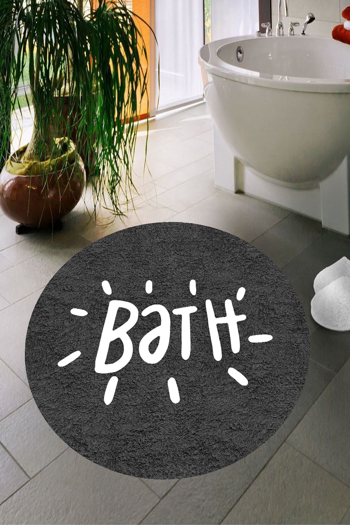 Decomia Home Dijital Baskı Kaymaz Taban Yıkanabilir Bath Yazılı Banyo Paspası Dc-8025 Koyu Gri