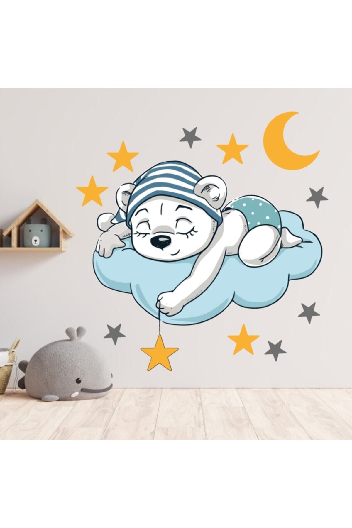 Genel Markalar Bulut Üzerinde Uyuyan Ayı Dekoratif Çocuk Odası Sticker