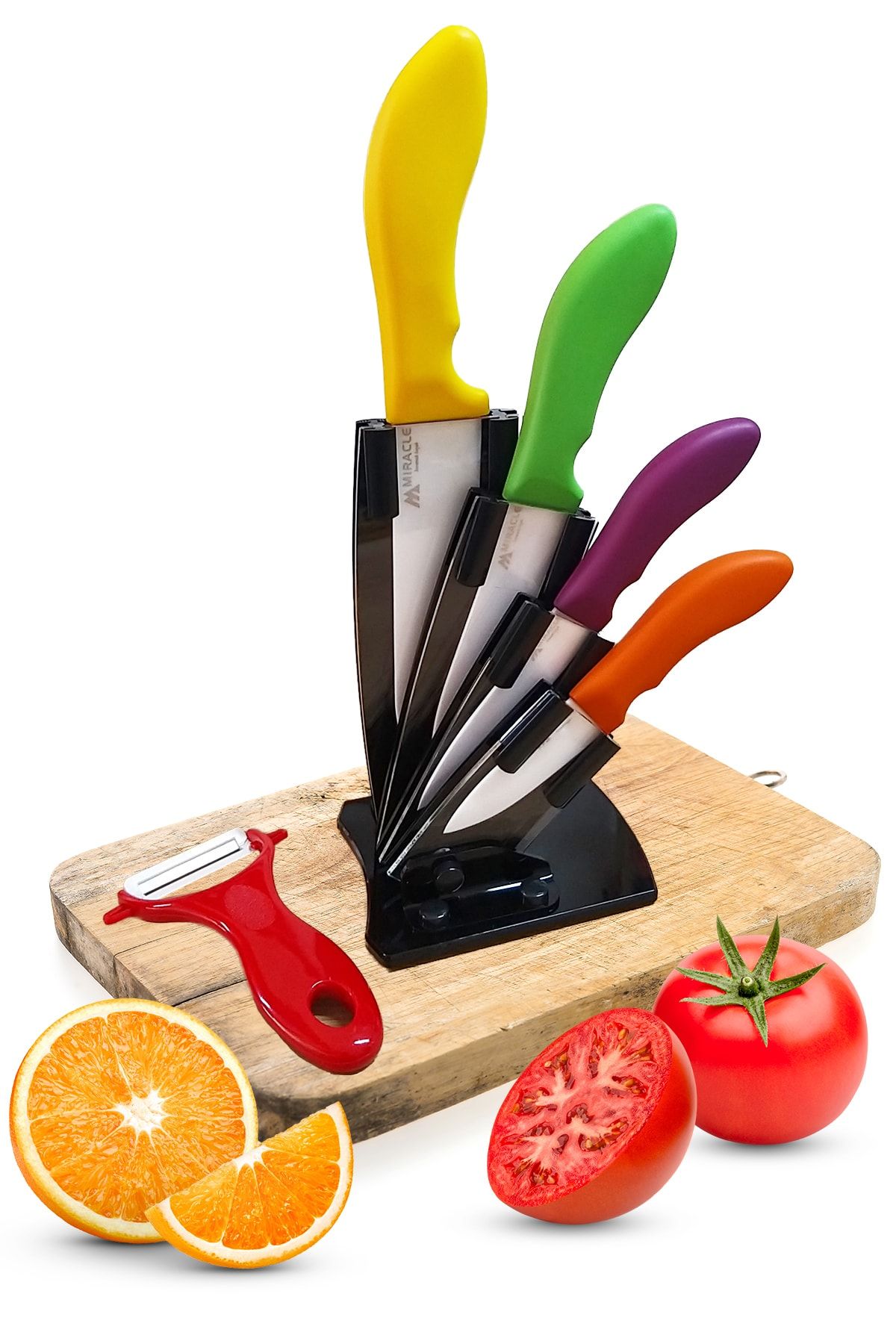 Miracle Seramik Mutfak Bıçak Seti Standlı Renkli 6 Parça (TAMAMEN SERAMİK)