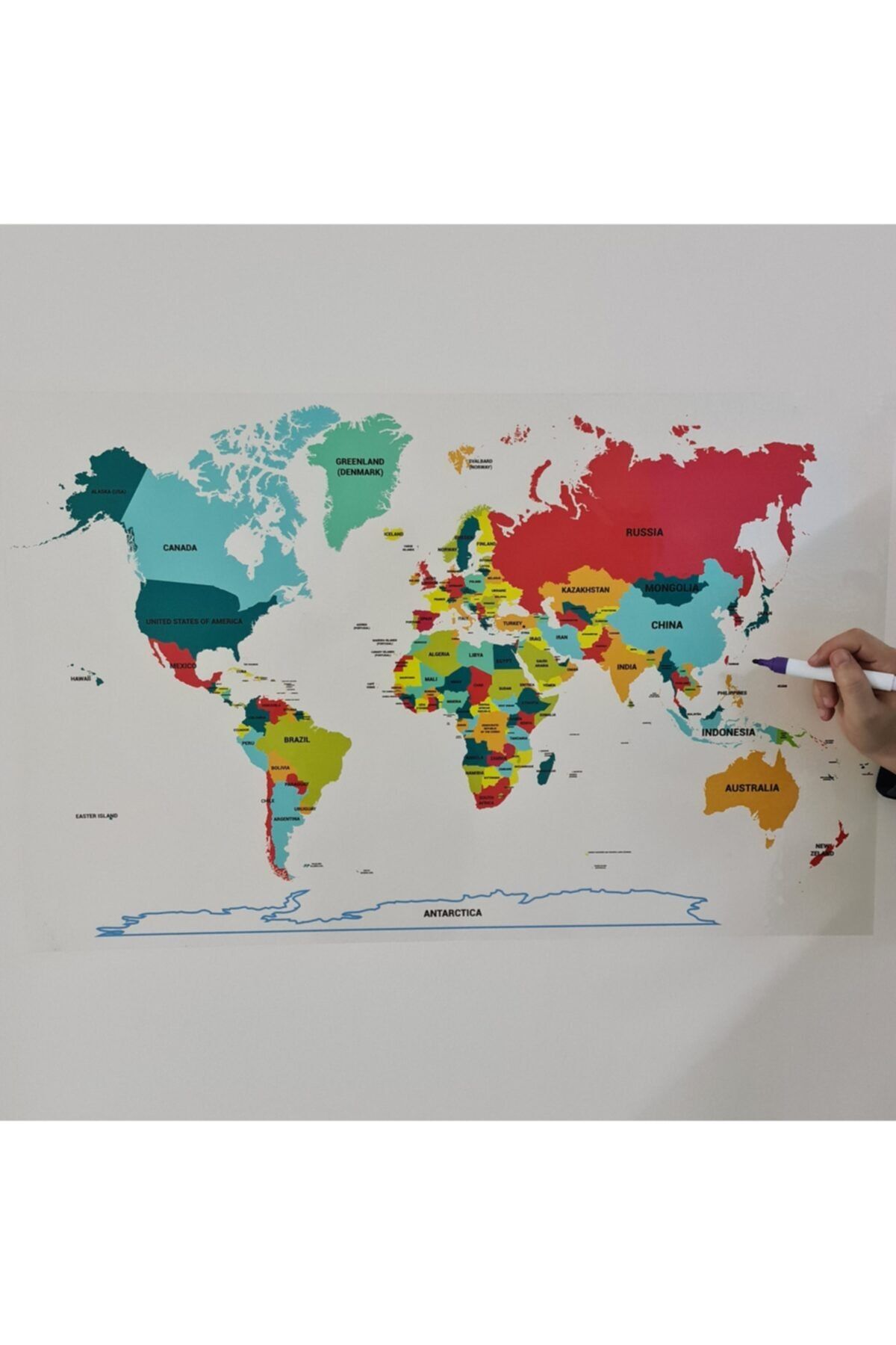 TutturX Renkli Dünya Haritası 100x56cm Uv Baskı Statik Kağıt