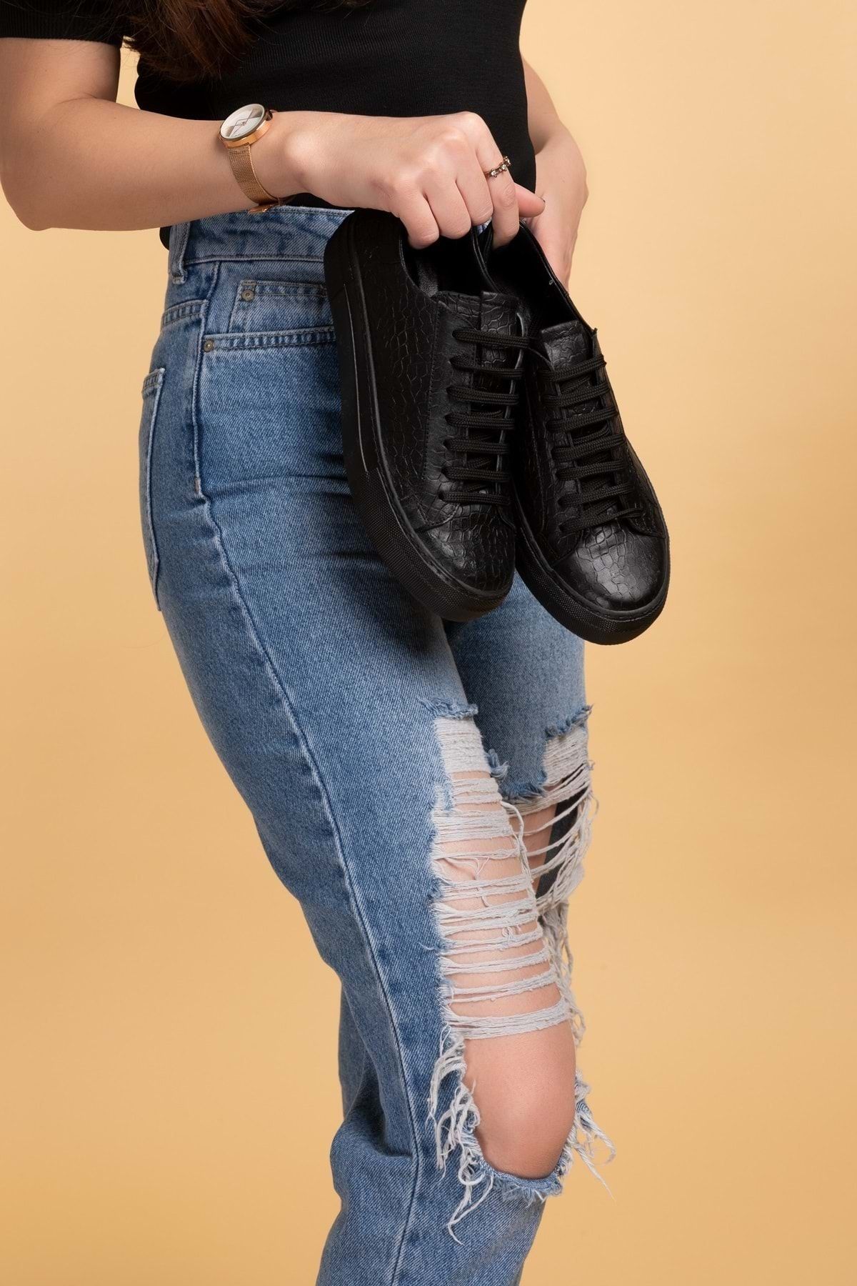 Gondol Hakiki Deri Anatomik Taban Spor Ayakkabı Siyah Croco