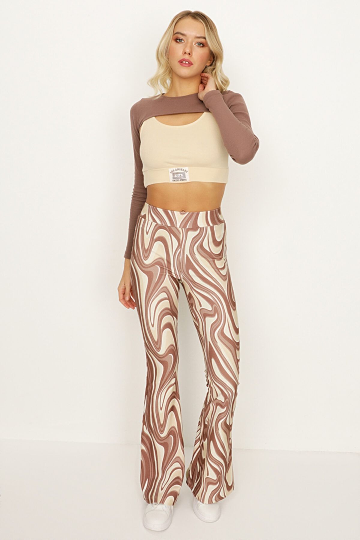 Select Moda Kadın Kahverengi Desenli Ispanyol Paça Tayt Pantolon